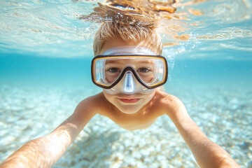 Fototapeta premium Young boy with blonde hair wearing a diving mask smiles underwater, his face illuminated by sunlight filtering through crystal-clear turquoise waters.