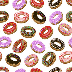 Donut pattern on a white background.Multicolored sweet donuts in a seamless pattern on a white background.