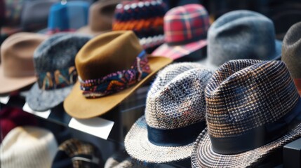 A collection of statement hats on display, including fedoras, wide-brimmed hats, and beanies