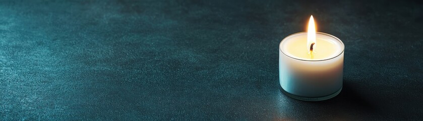 A serene candle burning softly on a dark surface, creating a calming and warm ambiance in any setting.