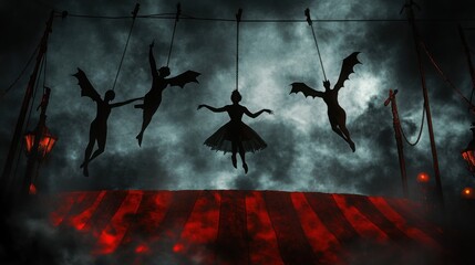 Vampire trapeze artists flying in a haunted circus, eerie backdrop, 3D illustration