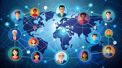 Stylized illustration of interconnected icons representing diverse groups of people, symbolizing global communication, teamwork, and social connections in a modern digital community network.