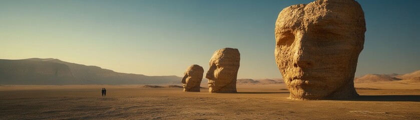 Surreal Desert Landscape with Giant Stone Faces Under Clear Sky at Sunset