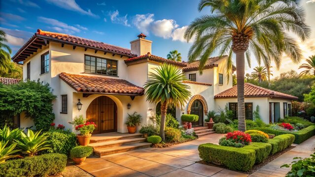 Sun-kissed Spanish-style abode with stucco exterior, clay-tiled roof, and lush greenery, nestled among palm trees in a quintessential Southern California neighborhood setting.