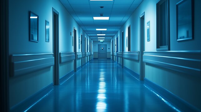 An empty hospital hallway at night, dimly lit, evoking a sense of loneliness and quiet reflection, with soft shadows and cool tones, Cinematic