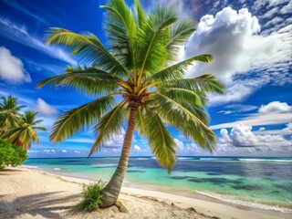 Fototapeta premium Swaying coconut palm with lush green leaves and rugged brown trunk stands tall on a serene sun-kissed exotic beach, epitomizing tropical summer vacation tranquility.