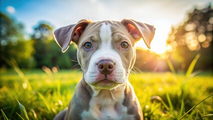 Adorable pitbull puppy with a sweet expression and floppy ears snuggles up close, showcasing its playful and affectionate personality on a sunny day.