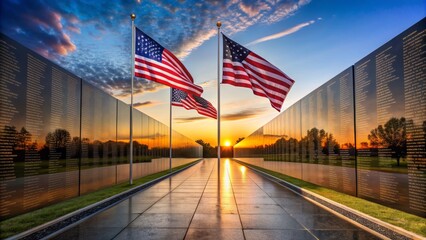 Tall black granite wall with etched names of fallen soldiers, reflecting the American flag, set against a serene and somber natural landscape at dawn.