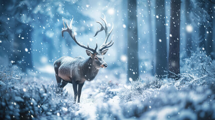 A majestic stag in a snowy winter forest, the snowflakes gently falling around, the stag's breath visible in the cold air