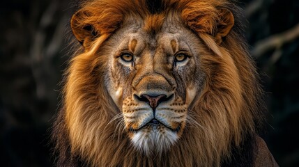 Fototapeta premium Majestic Lion Close Up - Portrait of a King - A powerful lion stares directly at the camera, its amber eyes intense and its mane a symbol of strength, authority, and wild beauty.