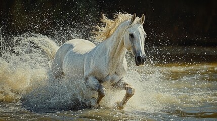 Majestic White Horse Galloping Through Water - A stunning white horse with a flowing mane bursts through the water, symbolizing freedom, power, beauty, grace, and energy.