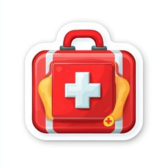 Obraz premium Sticker of a first aid kit in circle shape, flat vector illustration, on white background, digital sticker, clipart, icon 