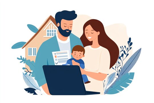 Happy family working from home with a laptop and baby, showcasing modern remote work and family life.