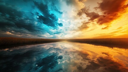 Fototapeta premium Stunning Sunset and Dramatic Sky Reflected in Calm Water Creating a Symmetrical Landscape