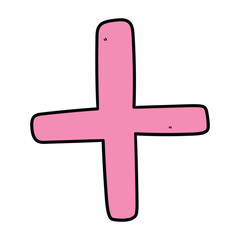 Hand drawn cartoon pink symbol plus on white background.