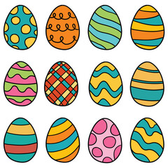 Hand drawn cartoon set of colored Easter eggs on white background.