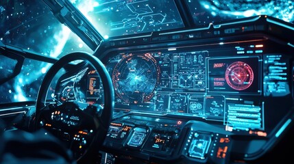 A futuristic spacecraft cockpit where AI systems control navigation, with holographic star maps and real-time data projections displaying deep space exploration routes and planetary details.