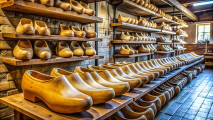 Obraz premium Traditional wooden clog molds lined up in a row, awaiting craftsmanship, at a bustling workshop in the Netherlands, showcasing Dutch heritage and traditional footwear.