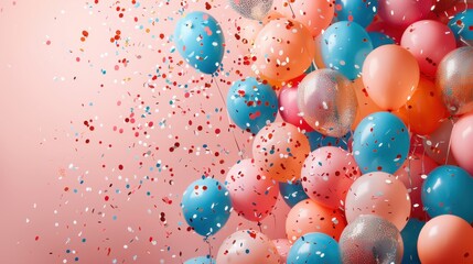 A festive arrangement of balloons in various sizes, with confetti cascading down like a shower of celebration