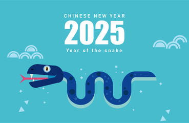 2025 Chinese Illustration of the 2025 Year of the Blue snake , Chinese snake 2025 Card. Happy Lunar New Year 2025 or Chinese New Year of the snake cute cartoon card