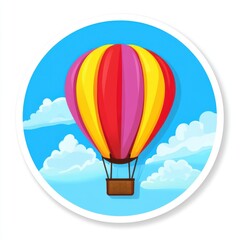 Sticker of a hot air balloon in circle shape, flat vector illustration, on white background, digital sticker, clipart, icon