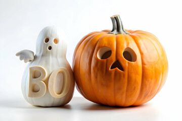 Ghost and Pumpkin with Boo Text concept as An isolated vector featuring a ghost floating next to a carved pumpkin with the word Boo in a playful font. The elements are set against a white background i
