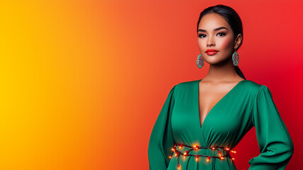 Cheerful Native American female model in a stylish green dress with Christmas lights wrapped around posing on a warm red to orange gradient background empty space for text 