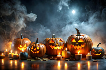 Glossy Halloween Night Background with Pumpkins concept as A glossy dark background featuring glowing pumpkins and eerie fog perfect for setting the scene for Halloween party invitations or horror the