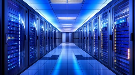 Fototapeta premium Modern Data Center Server Room with Blue Lighting - A clean and modern data center server room with rows of servers lit by blue lights. This image symbolizes technology, data, security, networking, an