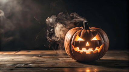 Glossy Jack o Lantern Background with Smoke concept as A glossy background featuring a glowing jack o lantern with swirling smoke in a dark spooky setting. Ideal for Halloween themed advertisements or