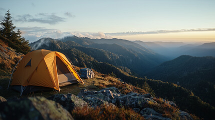 Tent Set Up at Sunrise on Mountain Ridge