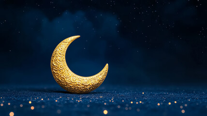 Naklejka premium Crescent moon with golden intricate patterns, glowing against a deep blue sky, surrounded by twinkling stars, symbolizing Eid al-Adha spirituality 