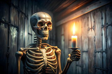 Glossy Skeleton Background with Candles concept as A glossy background featuring a skeleton holding a candle in a dark eerie room. The scene is ideal for horror themed Halloween advertisements or spoo