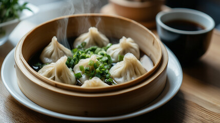 Plate of Steaming Hot Dumplings with Soy Sauce