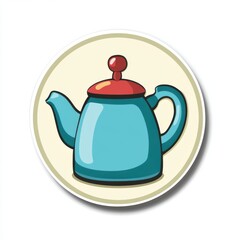 Fototapeta premium Sticker of a kettle in circle shape, flat vector illustration, on white background, digital sticker, clipart, icon 