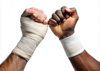Fototapeta premium Two masculine hands, one African and one Asian, with elastic bandages wrapped around their wrists, isolated on a white background, conveying injury and medical aid.