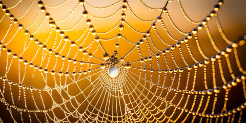 Fototapeta premium Glossy Spider Web Background with Dew Drops concept as A glossy background featuring a spider web glistening with dew drops against a dark eerie backdrop. Ideal for Halloween themed advertisements or 