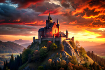 Fototapeta premium Glossy Vampire Castle Background at Dusk concept as A glossy background featuring a vampire castle perched on a hill with a glowing red sky at dusk. The scene is perfect for setting a spooky yet elega