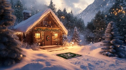 Fototapeta premium A cozy cabin nestled in the snow-covered mountains. Warm light glows from the windows, inviting you inside. This winter wonderland scene evokes holiday cheer and rustic charm. AI