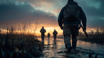 Duck Hunters in a Marsh at Dawn