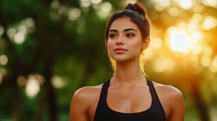 Fit Latina female fitness model in activewear posing in an outdoor park setting sunset casting a warm glow toned physique and focused expression 