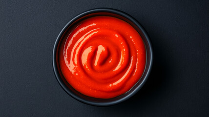 Fiery sriracha sauce swirling in a black stone dish vivid red-orange tones against matte dark background sharp spice with a touch of sweetness 