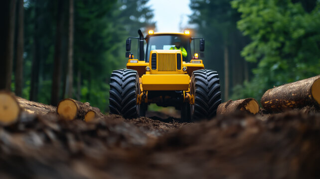 Forest worker wearing high-visibility vest drives a skidder tractor hauling logs through a rugged forest landscape 