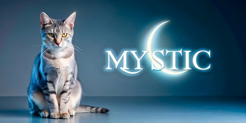 Holographic Cat and Moon with Mystic Text concept as A sleek holographic cat and crescent moon with the word Mystic in an elegant eerie font. The design is isolated on a white balance background offer