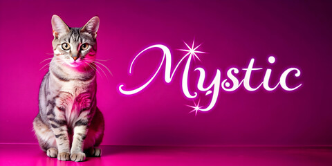 Holographic Cat and Moon with Mystic Text concept as A sleek holographic cat and crescent moon with the word Mystic in an elegant eerie font. The design is isolated on a white balance background offer