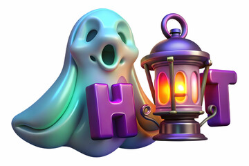 Naklejka premium Holographic Ghost and Lantern with Haunt Text concept as A vibrant glowing holographic ghost and lantern with the word Haunt in a spooky ghostly font. The design is isolated on a white balance backgro