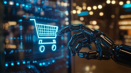a robotic hand clicking on a blue holographic icon of a shopping cart icon, futuristic, technology company background