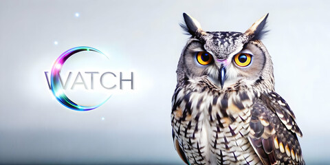 Holographic Owl and Moon with Watch Text concept as A sleek holographic owl and crescent moon with the word Watch in an elegant eerie font. The design is isolated on a white balance background offerin