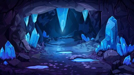 Fototapeta premium The Dark cave with blue crystals, game background, Illustration