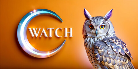 Holographic Owl and Moon with Watch Text concept as A sleek holographic owl and crescent moon with the word Watch in an elegant eerie font. The design is isolated on a white balance background offerin